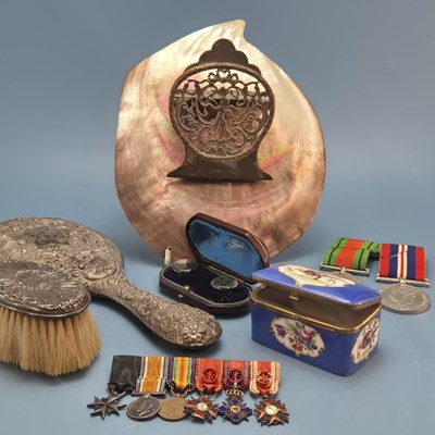 Lot 1509 - A silver backed hair brush and hand mirror, a...
