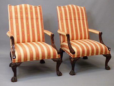 Lot 1510 - A pair of mahogany armchairs with upholstered...