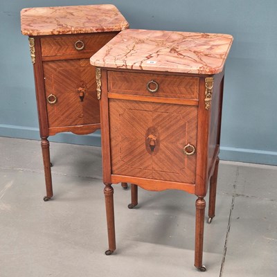 Lot 35 - Pair, Antique French inlaid Marble Top Bedside...