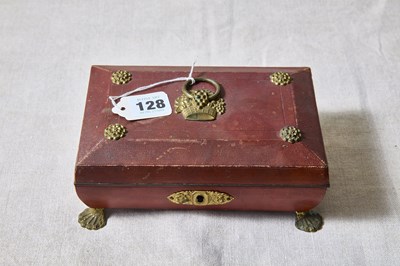 Lot 128 - A regency red leather sewing box, brass mounts...