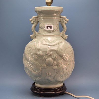 Lot 878 - A two handled celadon vase mounted as a table...