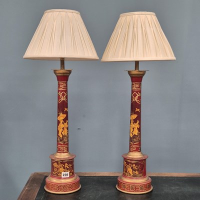 Lot 236 - A pair of tole chinoiserie decorated lamps, in...
