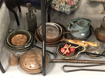 Lot 471 - Copper pans, warming pans, two wood planes,...