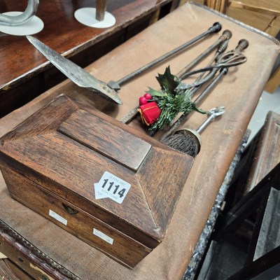 Lot 1114 - a tea caddy and fire irons etc