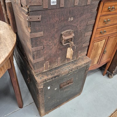 Lot 1053 - An oak silver chest and a large cabin trunk