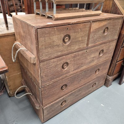 Lot 1071 - A teak campaign type chest. H87 x W89 x D43cm