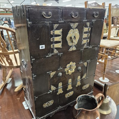 Lot 69 - An oriental metal-bound hardwood cabinet. H 83...