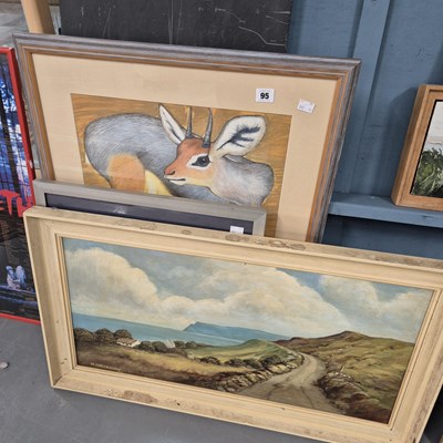 Lot 95 - A watercolour study of an antelope, an oil...