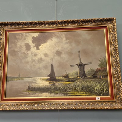 Lot 156 - A large oil painting of a windmill on an...