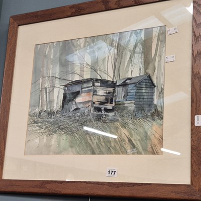 Lot 177 - Nigel Fletcher, the blue shed, watercolour. 35...