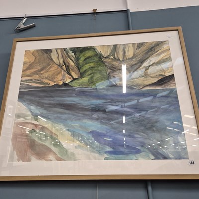 Lot 188 - A large watercolour, coastal rocky inlet. 88 x...