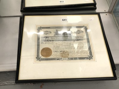 Lot 641 - A framed Mission Development share certificate...
