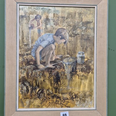 Lot 69 - 'jelbert', rock pooling, oil on board.