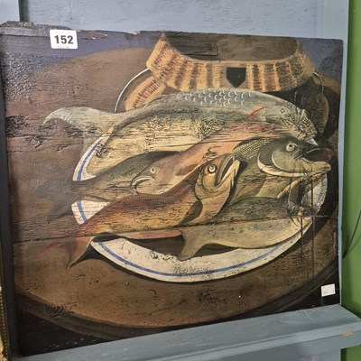 Lot 152 - An oil on pine boards, fish on a platter with...