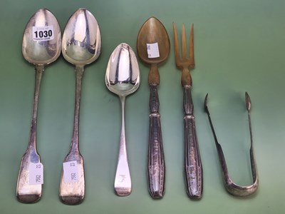 Lot 1030 - Two silver fiddle pattern basting spoons, an...