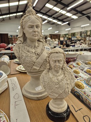 Lot 518 - Two white composition busts of Queen Victoria,...