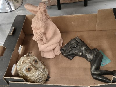 Lot 674 - A pottery owl figure and two other sculptures