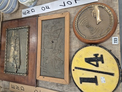 Lot 723 - A railway distance marker and three bronze...