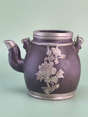 Lot 1429 - A Chinese redware tea pot pewter mounted with...