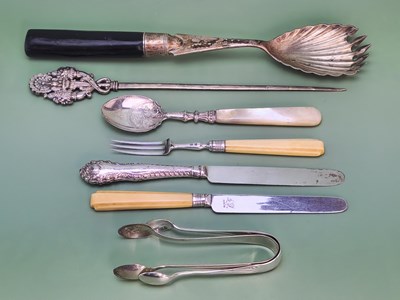 Lot 1431 - A silver bladed knife and fork, a silver...