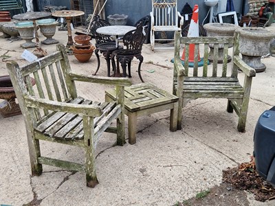 Lot 474 - A pair of teak garden chairs H 88 W 67 D 65cm,...