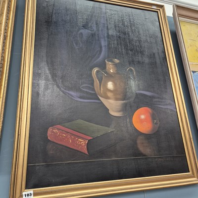Lot 103 - 20th century school, still life with persimmon,...