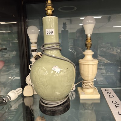 Lot 569 - A Chinese celadon bottle vase as a lamp, a...