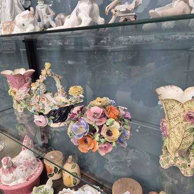 Lot 572 - A Coalport flower encrusted basket, a pair of...