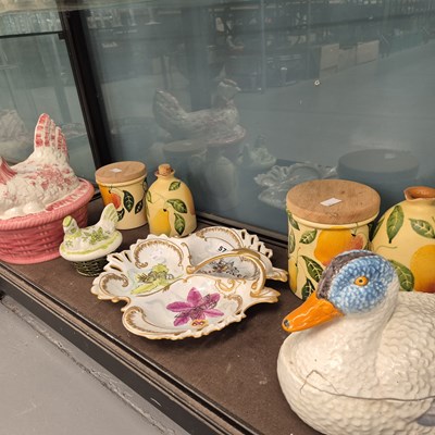 Lot 573 - A hand painted trefoil dish, two chicken form...