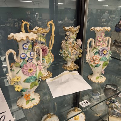 Lot 576 - Two pairs of Staffordshire porcelain flower...