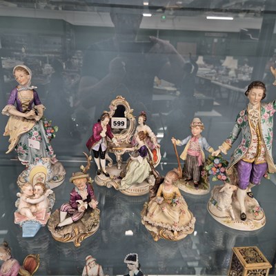 Lot 599 - A pair of Sitzendorf 18th century figures, a...