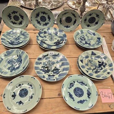 Lot 614 - Seventeen Chinese export celadon ground paltes...