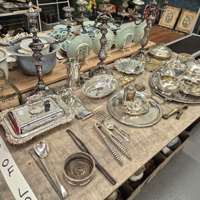 Lot 648 - Electroplate to include a pair of candelbra, a...