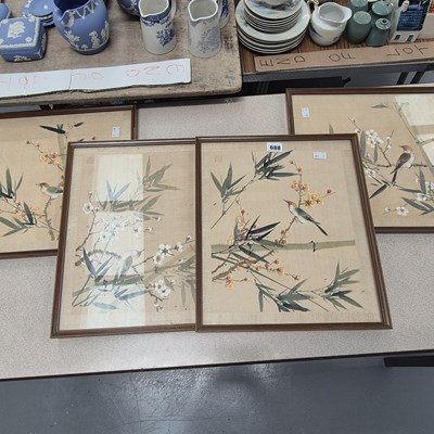 Lot 688 - Four framed Chinese bird and flower paintings...