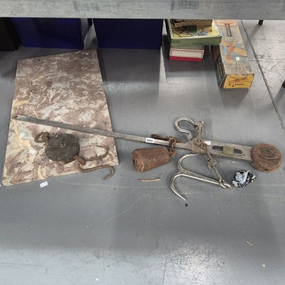 Lot 694 - A steel yard arm, a Salter spring balance,...