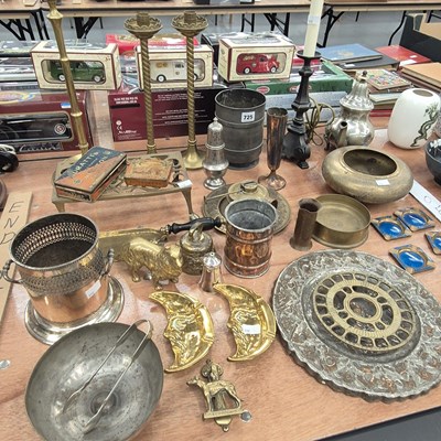Lot 725 - A pair and another brass candlestick, a brass...