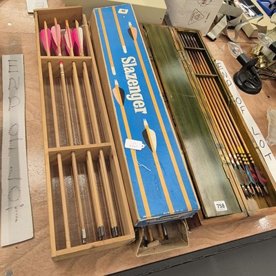 Lot 758 - Wooden boxes of arrows, one with a compartment...