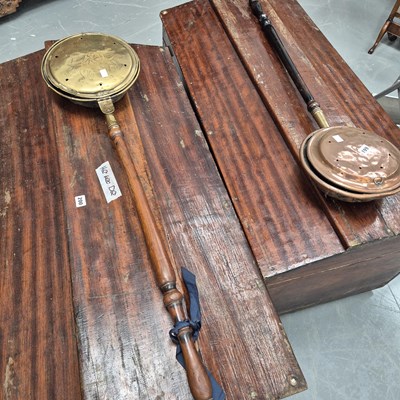 Lot 199 - Two bed warming pans in copper and brass