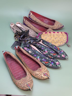 Lot 1540 - Two pairs of Ottoman ladies' gold thread shoes...