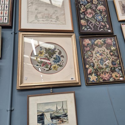 Lot 281 - Four framed woolwork and sewn panels, together...