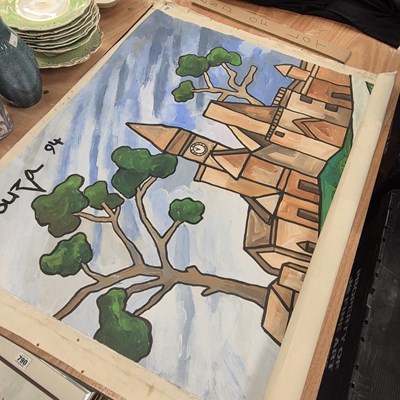 Lot 792 - An unframed canvas depicting a village centred...