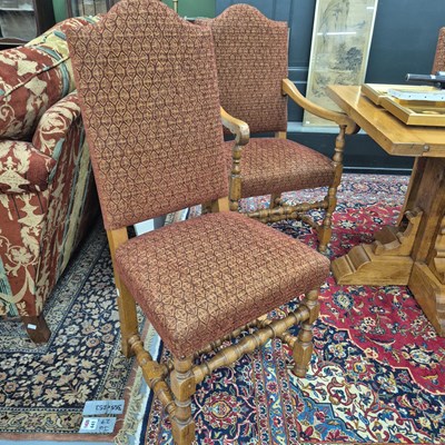 Lot 312 - Eight bespoke oak dining chairs in a patterned...
