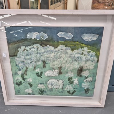 Lot 346 - A batik style landscape of sheep and blossoms,...