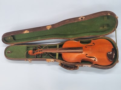 Lot 1563 - An antique violin, unsigned, two-piece maple...