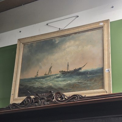 Lot 274 - An open boat in a rough sea, oil on board,...