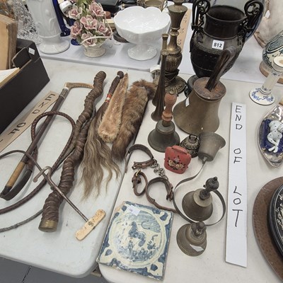 Lot 812 - Hand bells, a silver mounted hunting whip,...