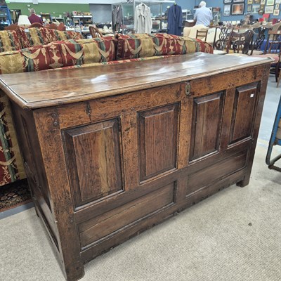 Lot 261 - An 18th century oak panelled coffer H 86 W 144...