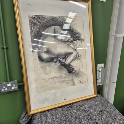Lot 387 - A large charcoal drawing of a reclining nude,...