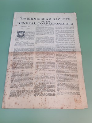 Lot 919 - 1741 first edition The Birmingham Gazette and...