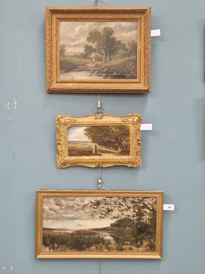 Lot 14 - Three landscape oils: E Hunton, a figure by a...